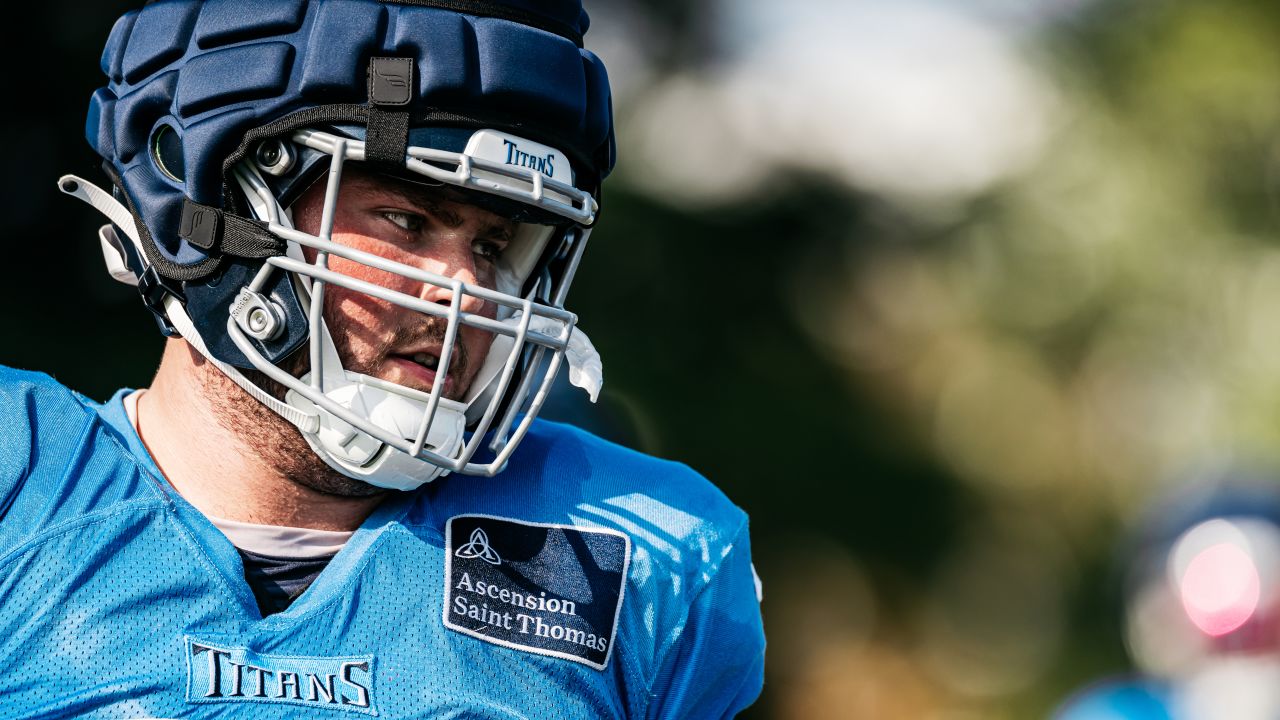 Offensive lineman Peter Skoronski #77 of the Tennessee Titans during training camp practice on July 30, 2024 in Nashville, TN. Photo By Jessie Rogers/Tennessee Titans