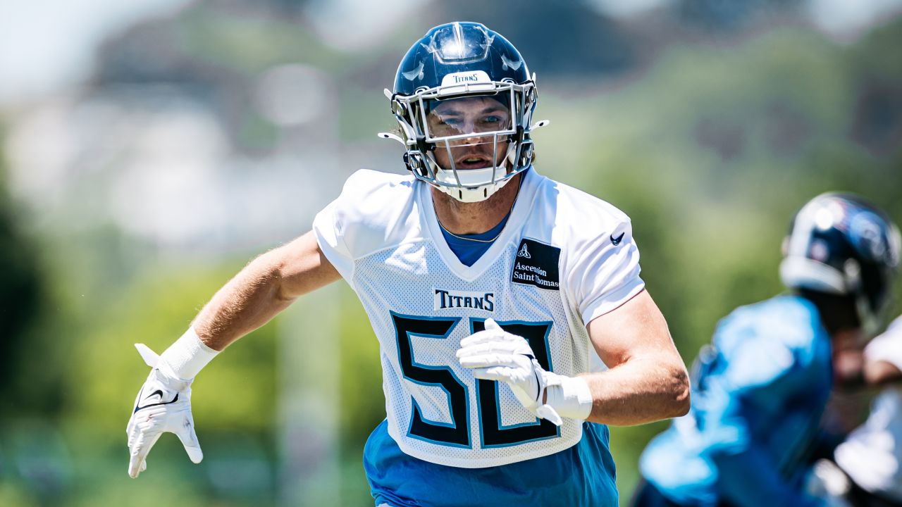 Linebacker Jack Gibbens #50 of the Tennessee Titans during minicamp practice at Saint Thomas Sports Park on June 10, 2024 in Nashville, TN. Photo By Jessie Rogers/Tennessee Titans