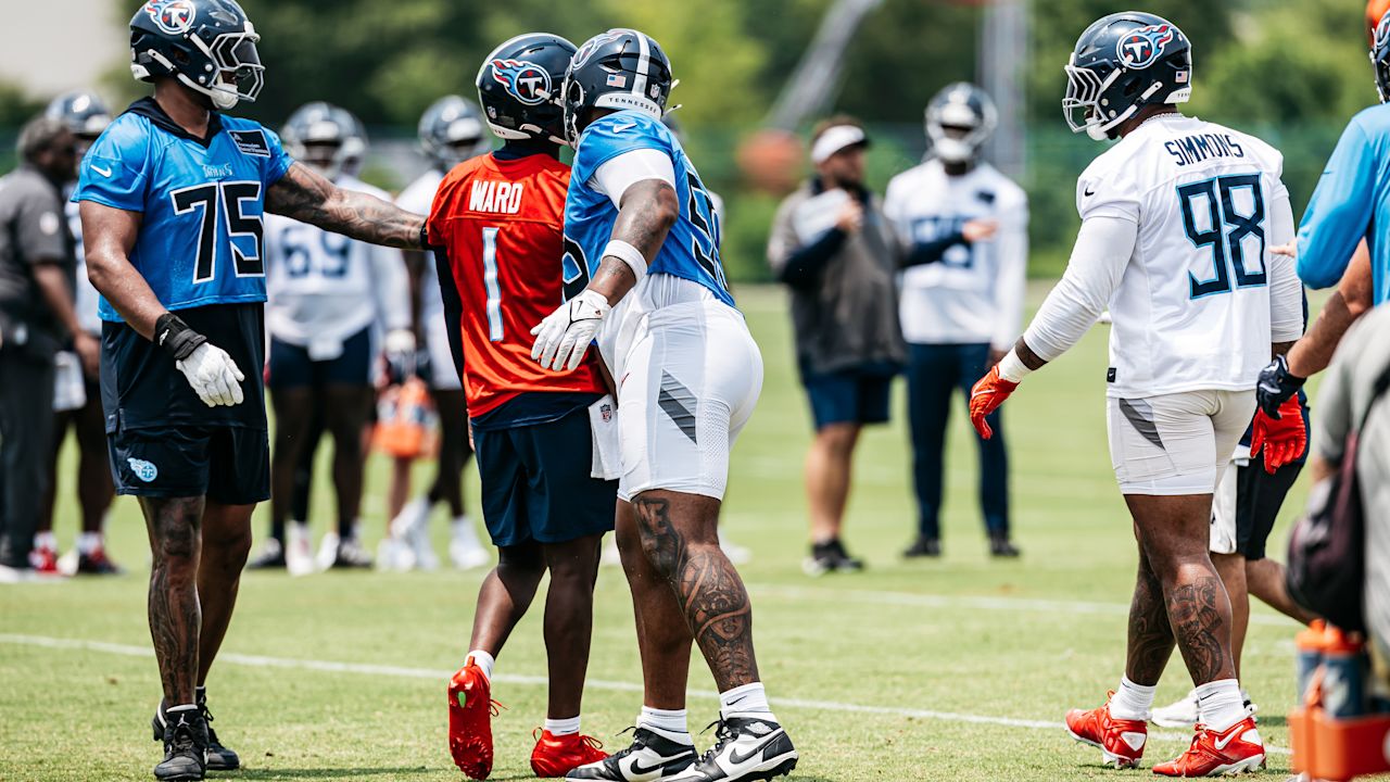 Tackle Dan Moore Jr. #75 of the Tennessee Titans, Quarterback Cam Ward #1 of the Tennessee Titans, Tackle JC Latham #55 of the Tennessee Titans and Defensive tackle Jeffery Simmons #98 of the Tennessee Titans during minicamp practice at the Ascension Saint Thomas Sports Park on June 11, 2025 in Nashville, TN. Photo By Donald Page/Tennessee Titans