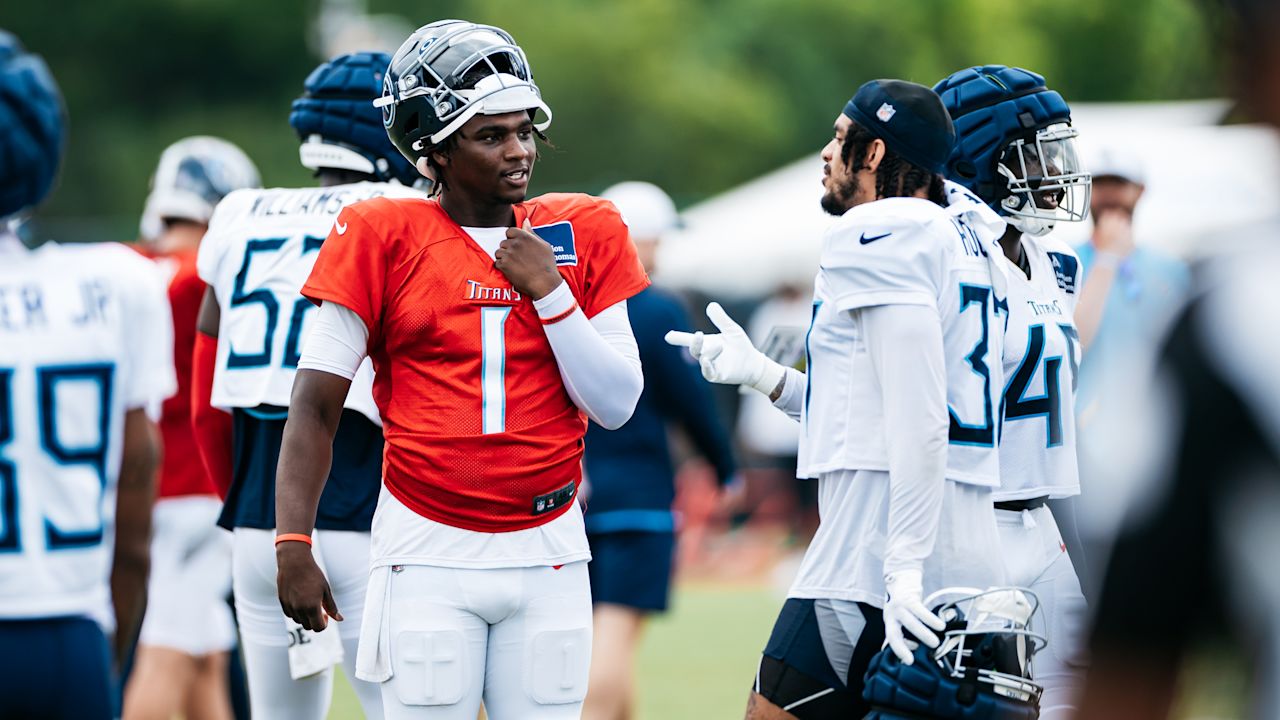 Quarterback Cam Ward #1 of the Tennessee Titans and Defensive back Amani Hooker #37 of the Tennessee Titans= during training camp practice at the Ascension Saint Thomas Sports Park on August 3, 2025 in Nashville, TN. Photo By Beau Brune/Tennessee Titans