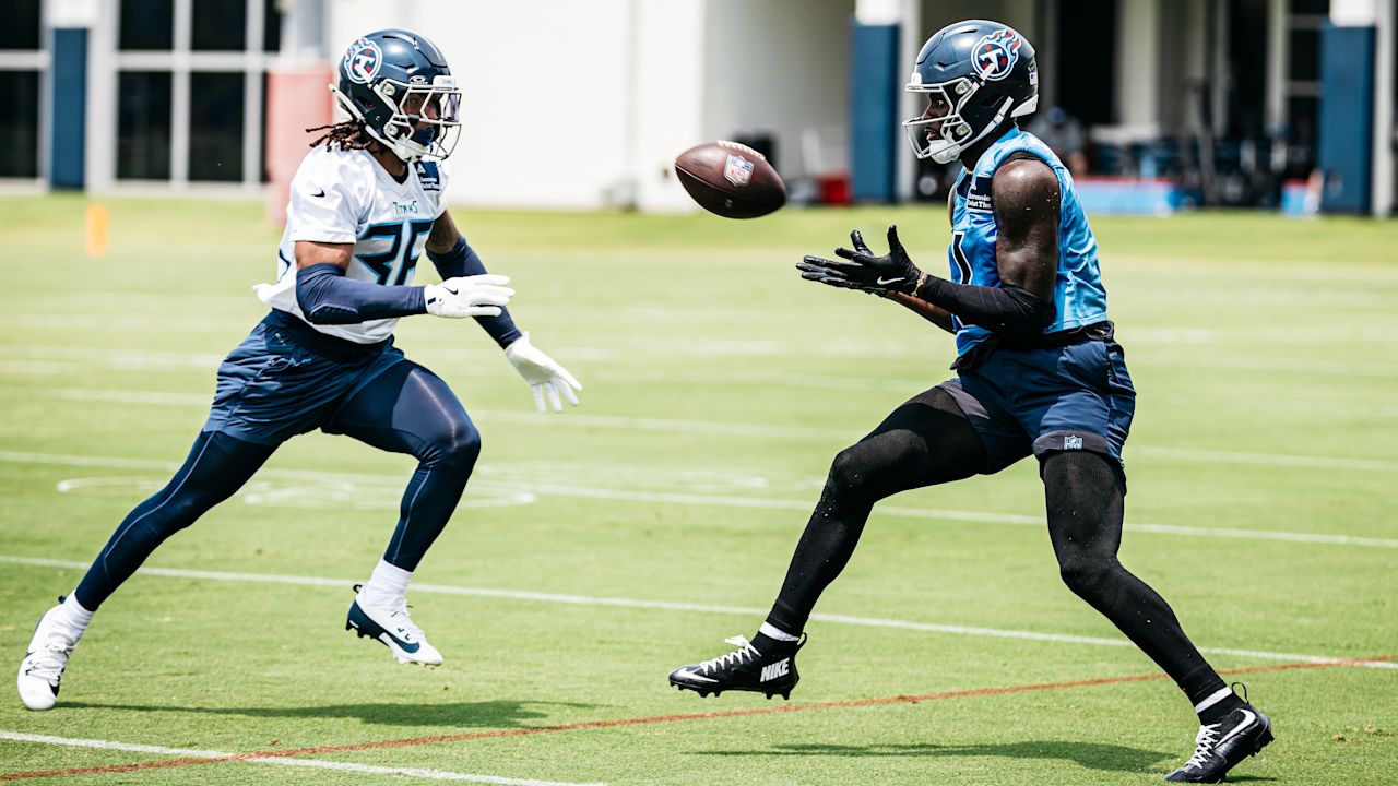 Cornerback Clarence Lewis #36 of the Tennessee Titans and Wide receiver Van Jefferson #11 of the Tennessee Titans during minicamp practice at the Ascension Saint Thomas Sports Park on June 11, 2025 in Nashville, TN. Photo By Donald Page/Tennessee Titans