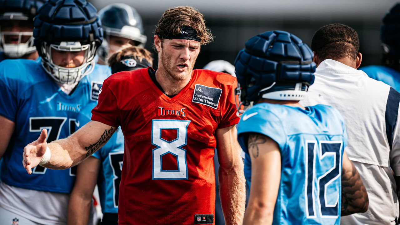 Quarterback Will Levis #8 of the Tennessee Titans and Wide receiver Mason Kinsey #12 of the Tennessee Titans during fall camp practice on August 8, 2024 at the Ascension Saint Thomas Sports Park in Nashville, TN. Photo By Donald Page/Tennessee Titans