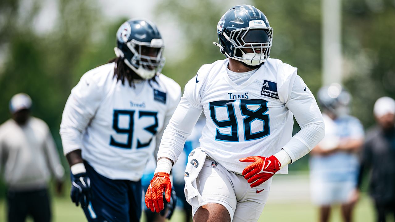 Defensive tackle Jeffery Simmons #98 of the Tennessee Titans during minicamp at the Ascension Saint Thomas Sports Park on June 10, 2025 in Nashville, TN. Photo By Donald Page/Tennessee Titans