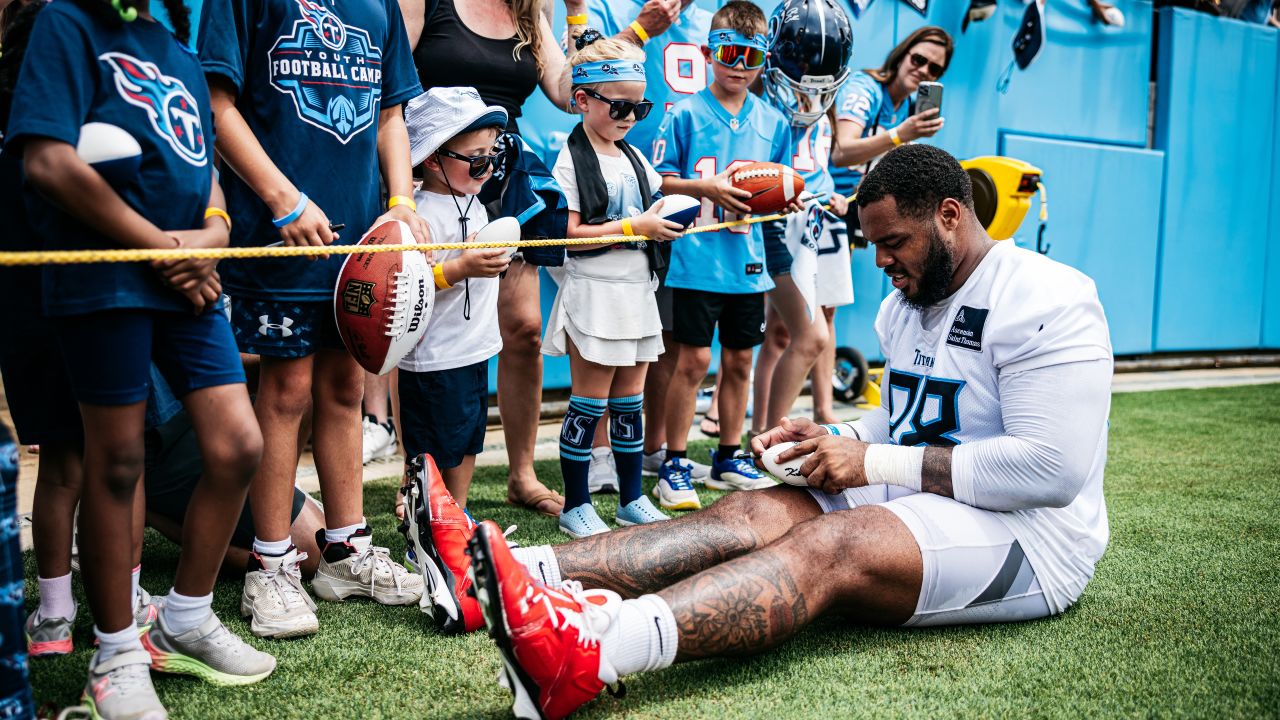 during fall camp practice as a part of Back Together Saturday on July 27, 2024 at Nissan Stadium in Nashville, TN. Photo By Jessie Rogers/Tennessee Titans