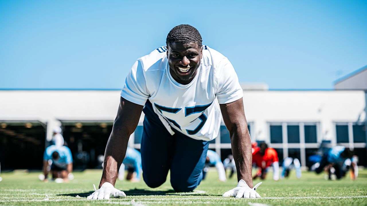 Outside linebacker Oluwafemi Oladejo #53 of the Tennessee Titans during phase 2 workouts at the Ascension Saint Thomas Sports Park on May 21, 2025 in Nashville, TN. Photo By Donald Page/Tennessee Titans