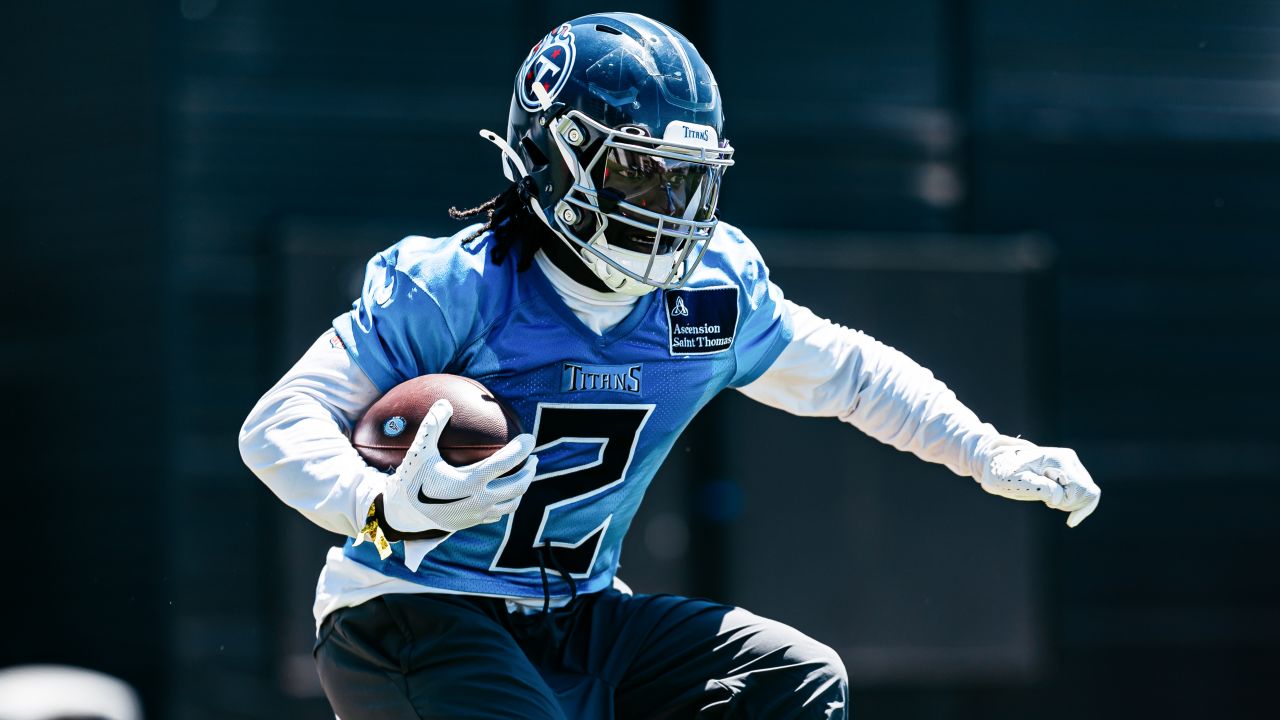 Running back Tyjae Spears #2 of the Tennessee Titans during OTA practice at the Ascension Saint Thomas Sports Park on June 10, 2024 in Nashville, TN. Photo By Donald Page/Tennessee Titans