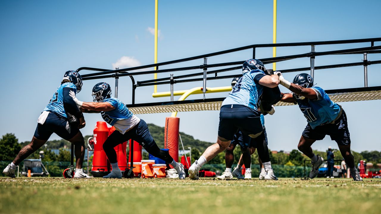 Offensive line during minicamp practice at Saint Thomas Sports Park on June 10, 2024 in Nashville, TN. Photo By Jessie Rogers/Tennessee Titans