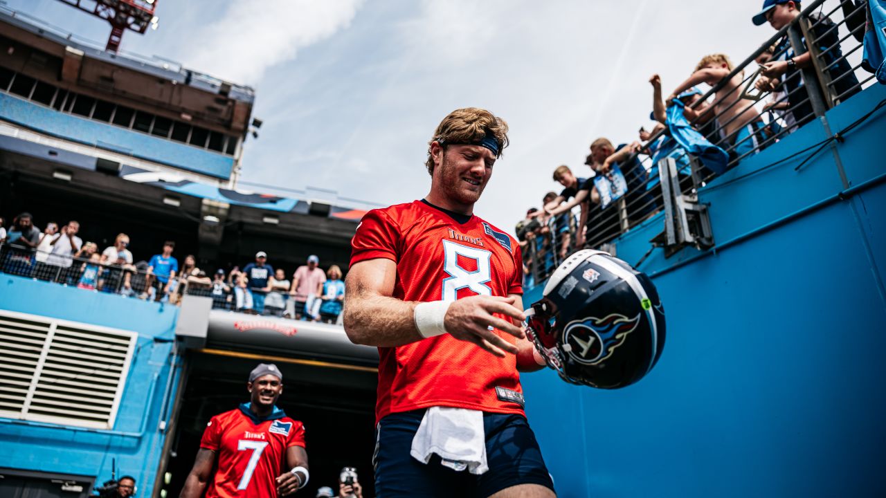 Quarterback Will Levis #8 of the Tennessee Titans during fall camp practice as a part of Back Together Saturday on July 27, 2024 at Nissan Stadium in Nashville, TN. Photo By Jessie Rogers/Tennessee Titans