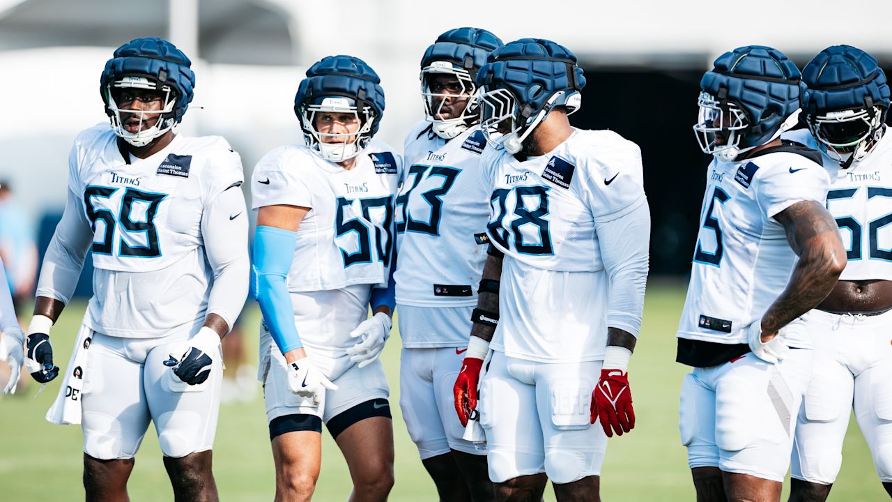 Defensive end Sebastian Joseph-Day #69 of the Tennessee Titans, Linebacker Cody Barton #50 of the Tennessee Titans, Defensive tackle T'Vondre Sweat #93 of the Tennessee Titans, Defensive tackle Jeffery Simmons #98 of the Tennessee Titans, Outside linebacker Dre'Mont Jones #45 of the Tennessee Titans, and Linebacker James Williams Sr. #52 of the Tennessee Titans during training camp practice at the Ascension Saint Thomas Sports Park on July 30, 2025 in Nashville, TN. Photo By Beau Brune/Tennessee Titans
