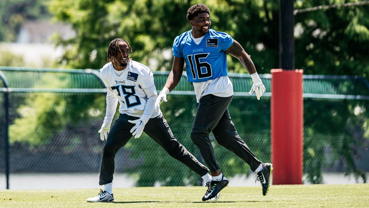 Cornerback L'Jarius Sneed #38 of the Tennessee Titans and Wide receiver Treylon Burks #16 of the Tennessee Titans during minicamp practice at the Ascension Saint Thomas Sports Park on June 6, 2024 in Nashville, TN. Photo By Donald Page/Tennessee Titans