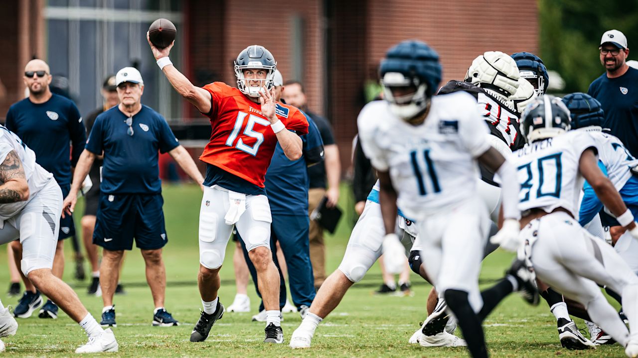 Quarterback Trevor Siemian #15 of the Tennessee Titans during joint practice with the Atlanta Falcons on August 12, 2025 in Atlanta, GA. Photo By Donald Page/Tennessee Titans