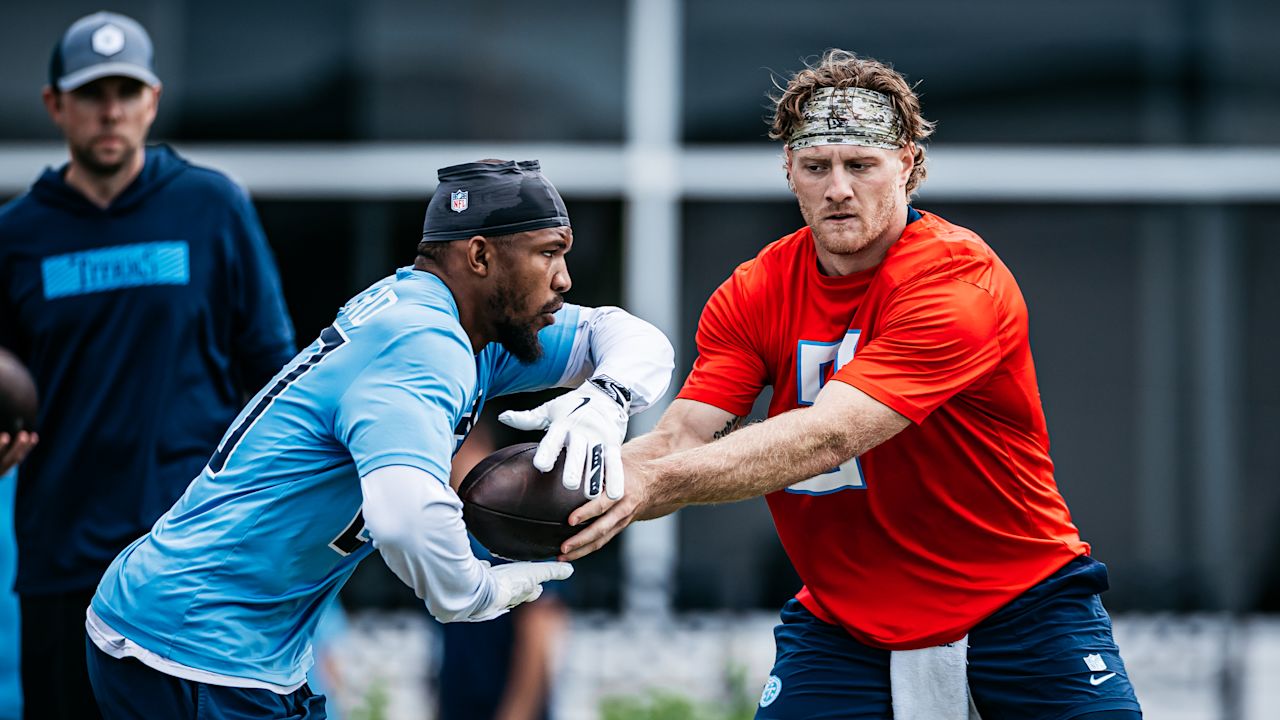 Quarterback Will Levis #8 of the Tennessee Titans and Running back Tony Pollard #20 of the Tennessee Titans during phase 2 workouts at the Ascension Saint Thomas Sports Park on May 22, 2025 in Nashville, TN. Photo By Jessie Rogers/Tennessee Titans