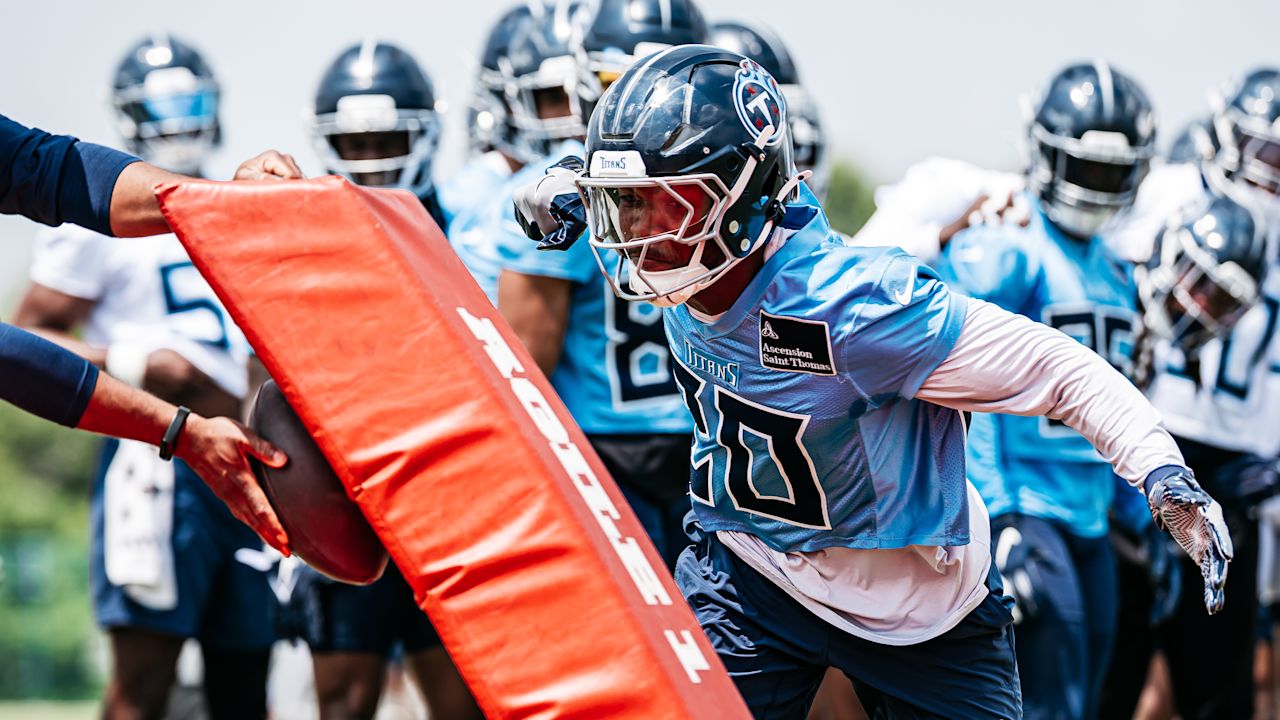 Running back Tony Pollard #20 of the Tennessee Titans during phase 3 practice at the Ascension Saint Thomas Sports Park on June 3, 2025 in Nashville, TN. Photo By Donald Page/Tennessee Titans