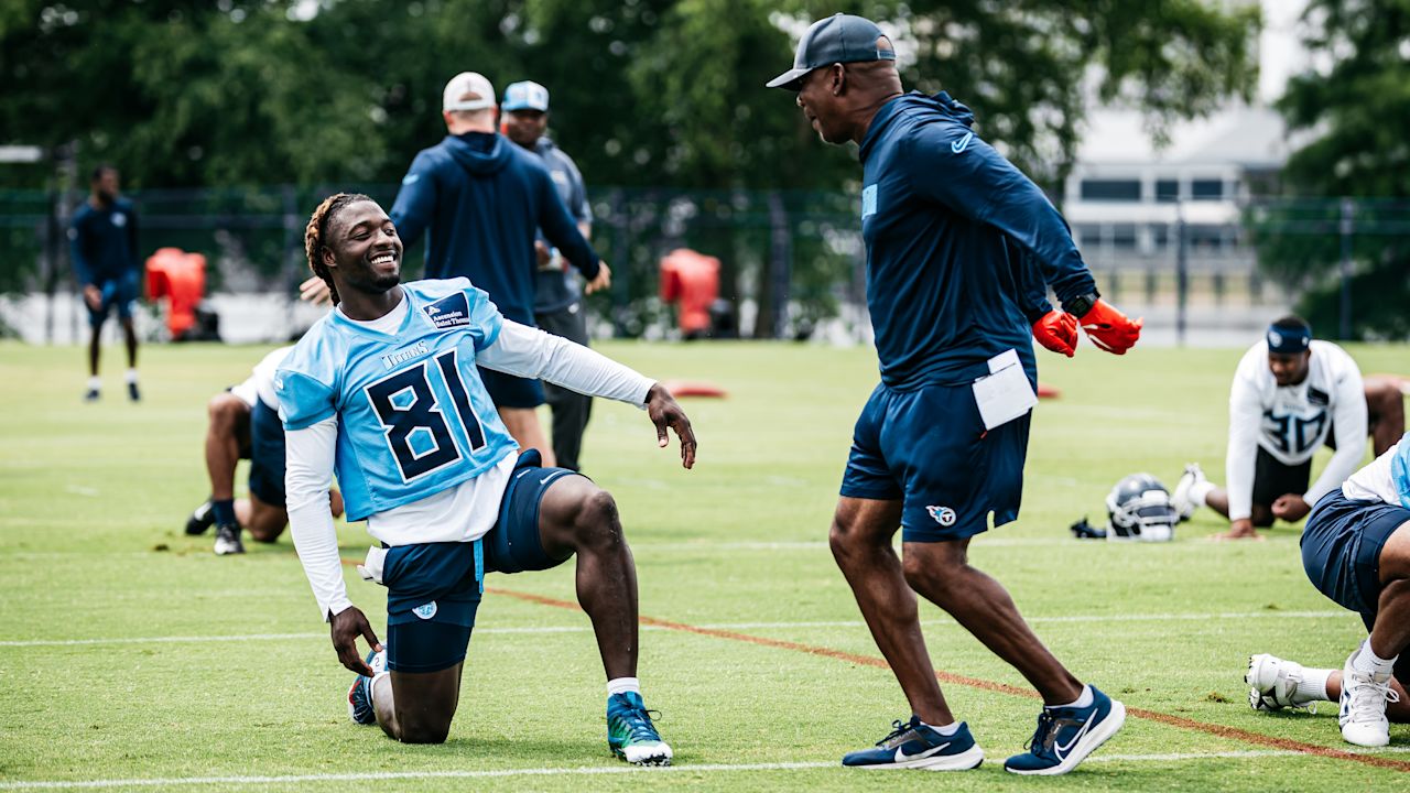 Running back Tyjae Spears #2 of the Tennessee Titans and Wide Receivers Coach Tyke Tolbert of the Tennessee Titans during minicamp practice at the Ascension Saint Thomas Sports Park on June 12, 2025 in Nashville, TN. Photo By Donald Page/Tennessee Titans