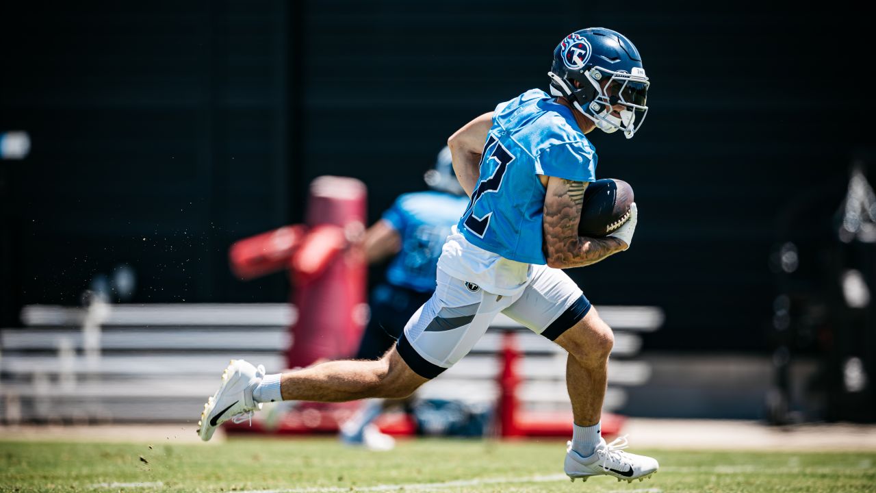 Wide receiver Mason Kinsey #12 of the Tennessee Titans during minicamp practice at Saint Thomas Sports Park on June 10, 2024 in Nashville, TN. Photo By Jessie Rogers/Tennessee Titans