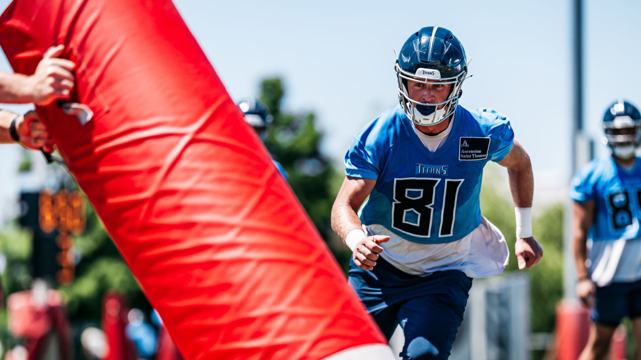 Tight end Josh Whyle #81 of the Tennessee Titans during OTA practice at the Ascension Saint Thomas Sports Park on June 10, 2024 in Nashville, TN. Photo By Donald Page/Tennessee Titans