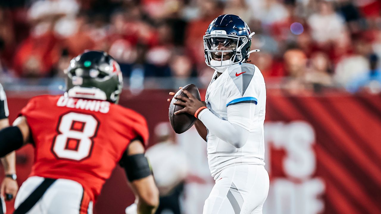 The Tennessee Titans and the Tampa Bay Buccaneers compete during the preseason game at Raymond James Stadium on August 09, 2025 in Tampa, FL. Photo By Donald Page/Tennessee Titans