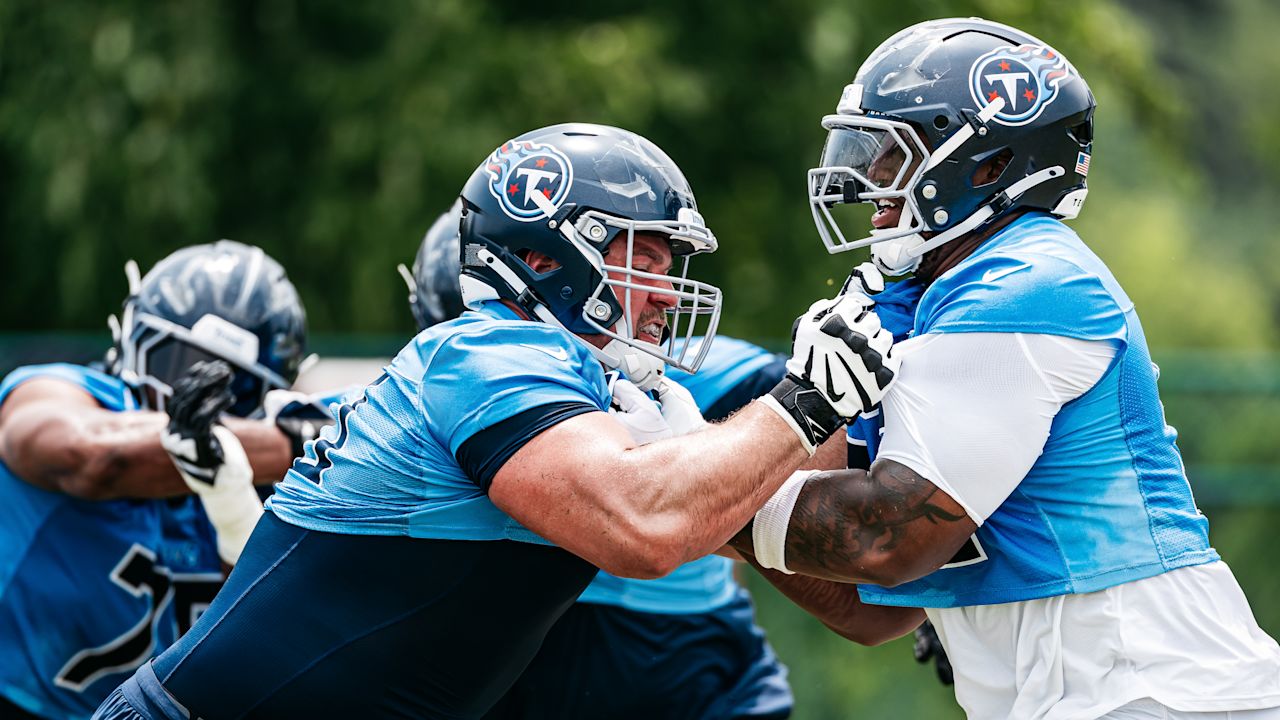 Guard Kevin Zeitler #70 of the Tennessee Titans and Tackle JC Latham #55 of the Tennessee Titans during minicamp practice at the Ascension Saint Thomas Sports Park on June 11, 2025 in Nashville, TN. Photo By Donald Page/Tennessee Titans
