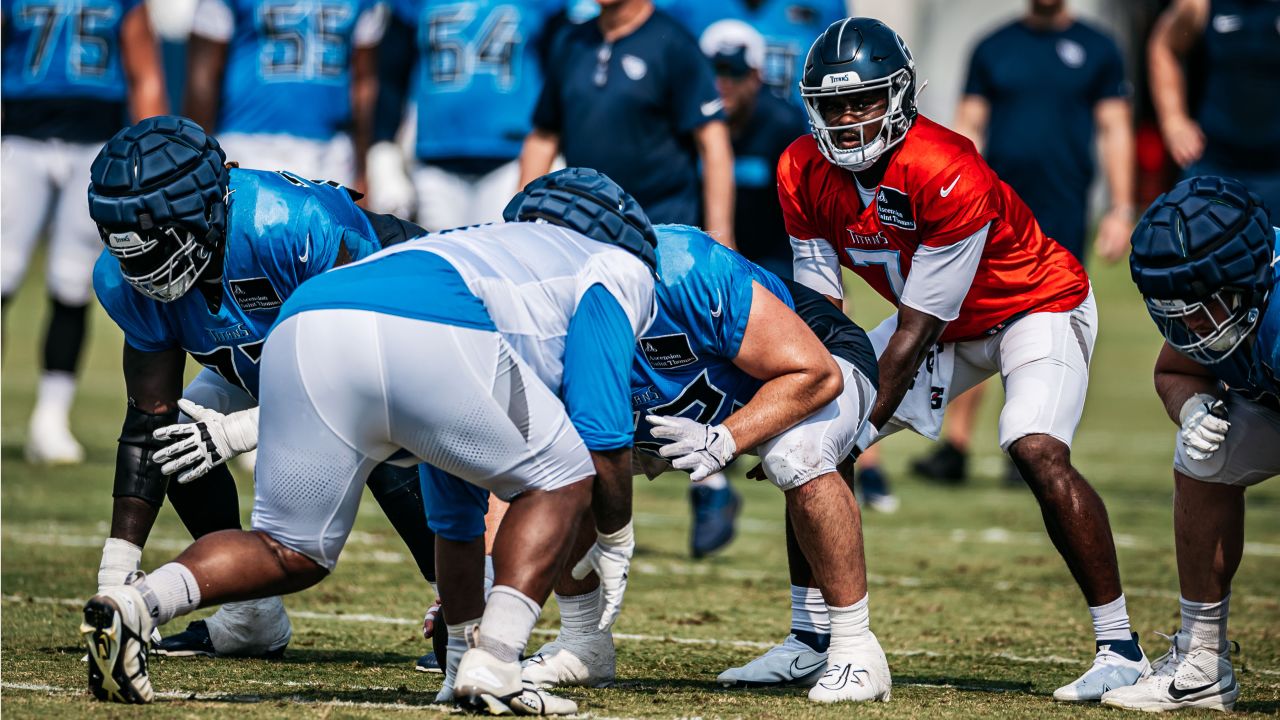 Quarterback Malik Willis #7 of the Tennessee Titans Offensive lineman Jaelyn Duncan #71 of the Tennessee Titans Center/Guard Corey Levin #62 of the Tennessee Titans during fall camp practice at the Ascension Saint Thomas Sports Park  in Nashville, TN. Photo By Nate Sparks/Tennessee Titans