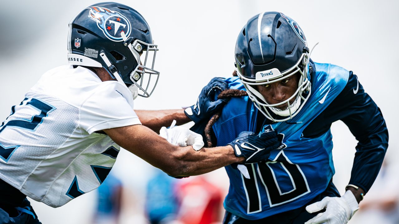 Cornerback Gabe Jeudy-Lally #32 of the Tennessee Titans and Wide receiver DeAndre Hopkins #10 of the Tennessee Titans during minicamp practice at Saint Thomas Sports Park on June 05, 2024 in Nashville, TN. Photo By Jessie Rogers/Tennessee Titans