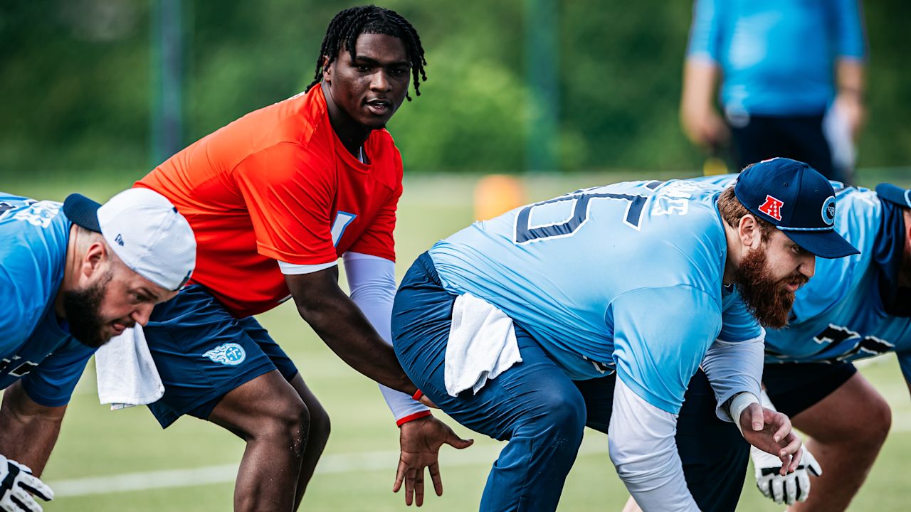 Quarterback Cam Ward #1 of the Tennessee Titans and Offensive lineman Brenden Jaimes #66 of the Tennessee Titans during phase 2 workouts at the Ascension Saint Thomas Sports Park on May 14, 2025 in Nashville, TN. Photo By Donald Page/Tennessee Titans