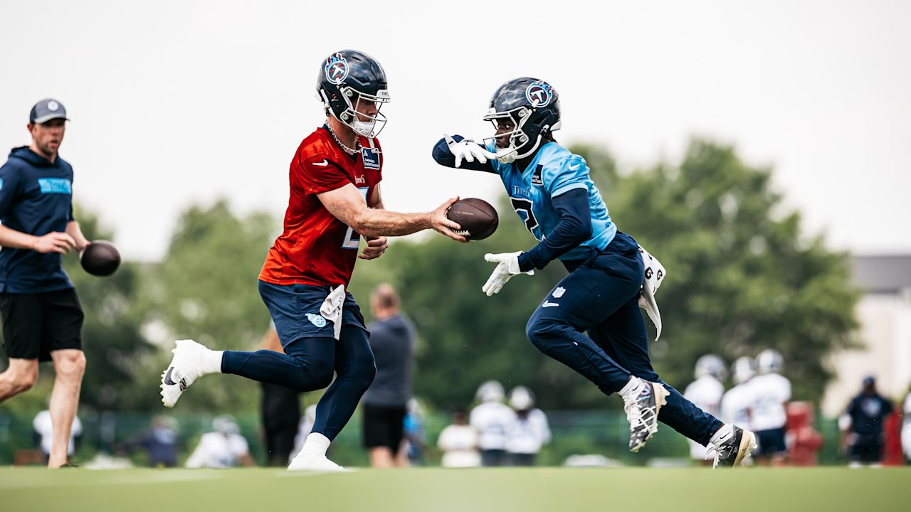 Quarterback Will Levis #8 of the Tennessee Titans and Running back Tyjae Spears #2 of the Tennessee Titans during phase 3 practice at the Ascension Saint Thomas Sports Park on June 3, 2025 in Nashville, TN. Photo By Donald Page/Tennessee Titans