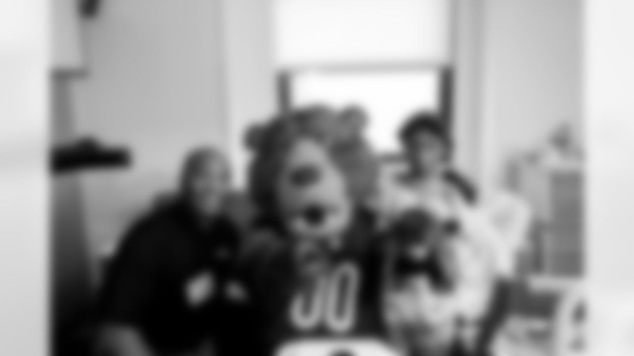 Chicago Bears mascot Staley visits patients at Rush Hospital as part of the Bears Hugs program, Friday, February 10, 2023, in Chicago, Illinois.