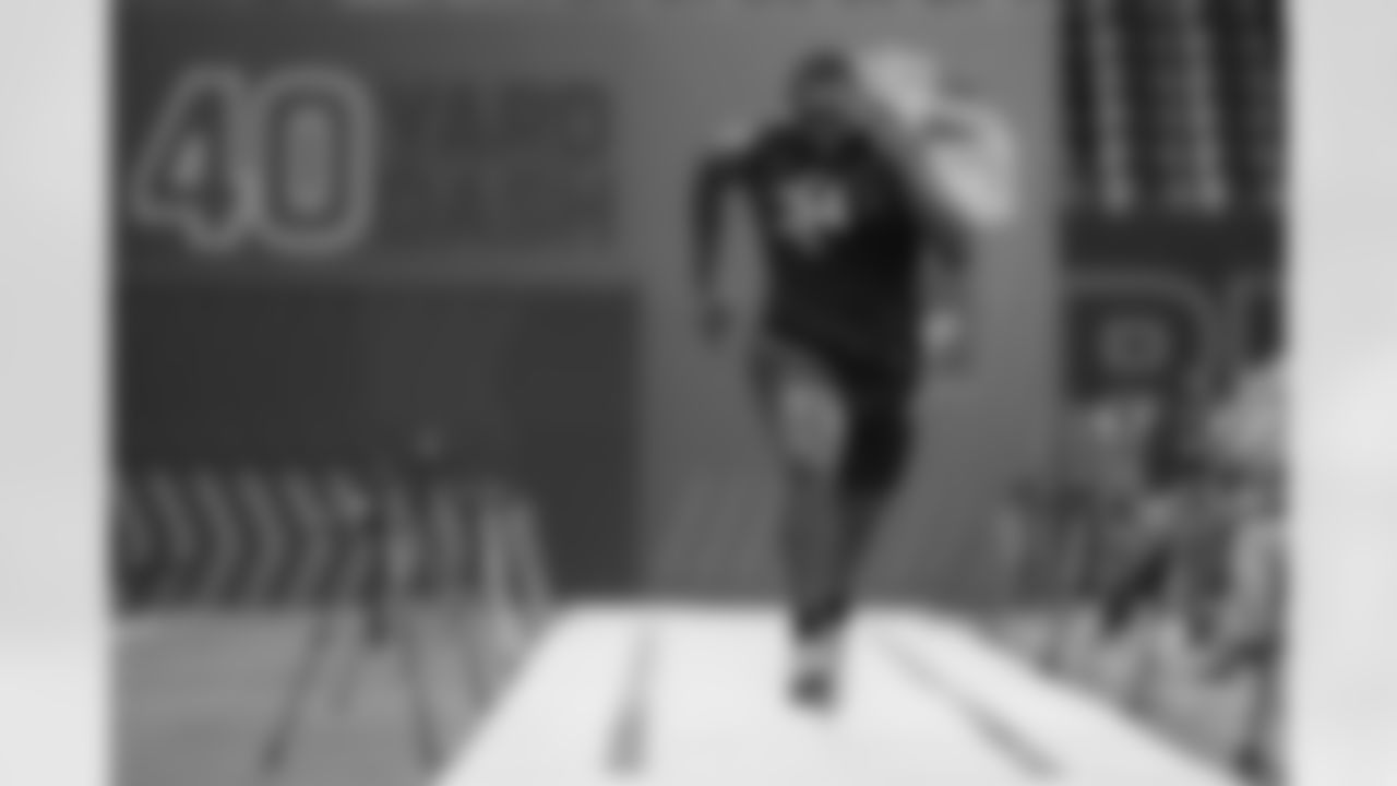 Miami offensive lineman Jalen Rivers runs the 40-yard dash at the NFL football scouting combine in Indianapolis, Sunday, March 2, 2025. (AP Photo/Michael Conroy)