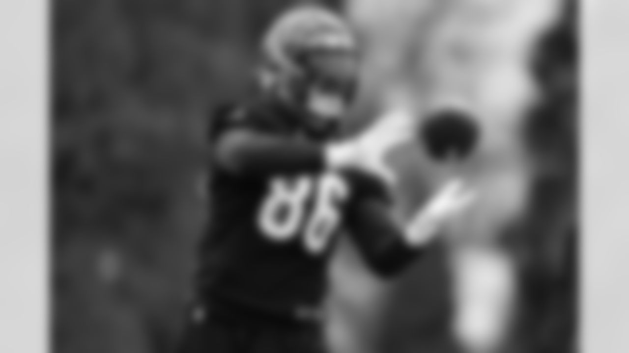 TE Noah Fant catches a pass during practice at Kettering Health Practice Fields, Wednesday, Nov. 19, 2025.