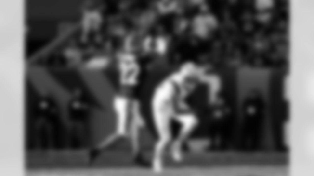 Cincinnati Bengals safety Geno Stone (22) intercepts a pass for a pick six during an NFL football game against the New England Patriots on Sunday, November 23, 2025 in Cincinnati, Ohio.