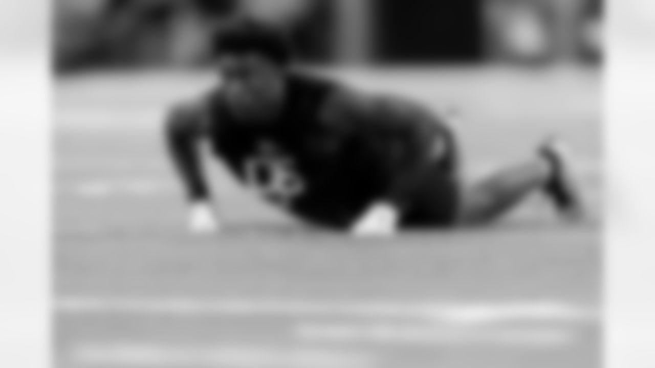 Clemson linebacker Barrett Carter participates in a drill at the NFL football scouting combine in Indianapolis, Thursday, February 27, 2025. (Brooke Sutton via AP)