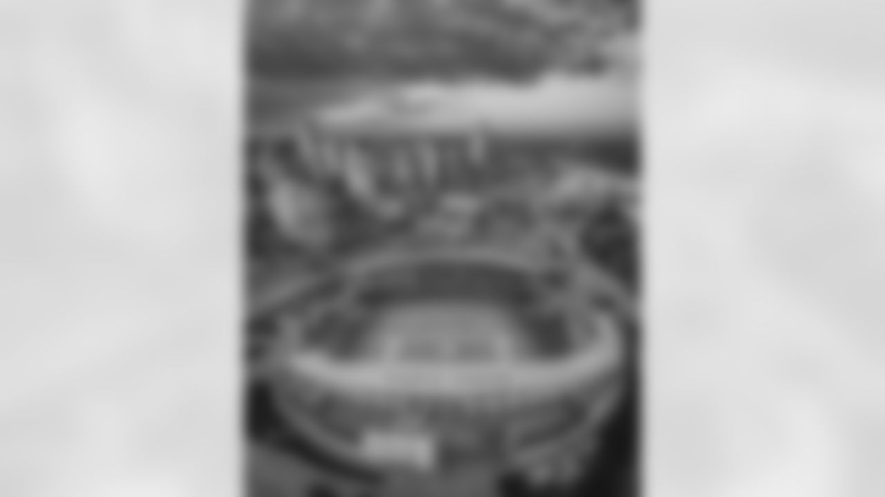 Aerial shot of Paycor Stadium at sunset.