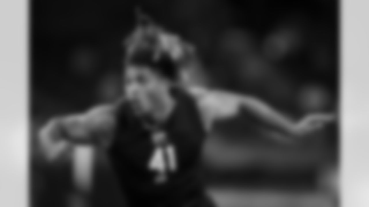 Texas A&M defensive lineman Cashius Howell (41) participates in a drill during the 2026 NFL Scouting Combine on Thursday, February 26, 2026 in Indianapolis, Indiana. (Cooper Neill/NFL)