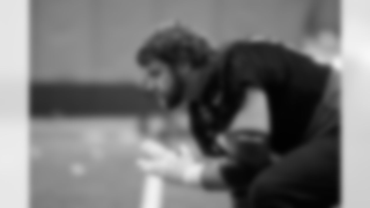 C Ted Karras during practice at IEL Indoor Facility, Wednesday, Dec. 31, 2025.