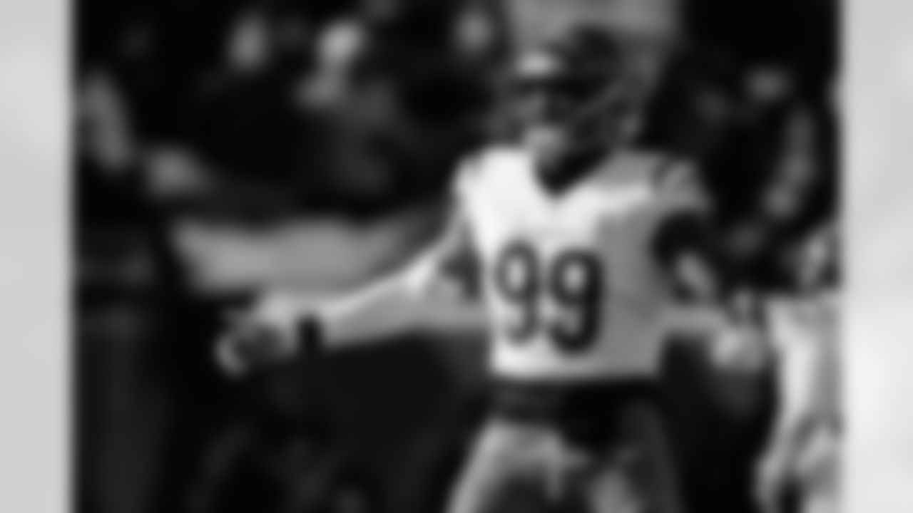 DE Myles Murphy celebrates a sack during Week 15 against the Baltimore Ravens at Paycor Stadium, Sunday, Dec. 14, 2025.