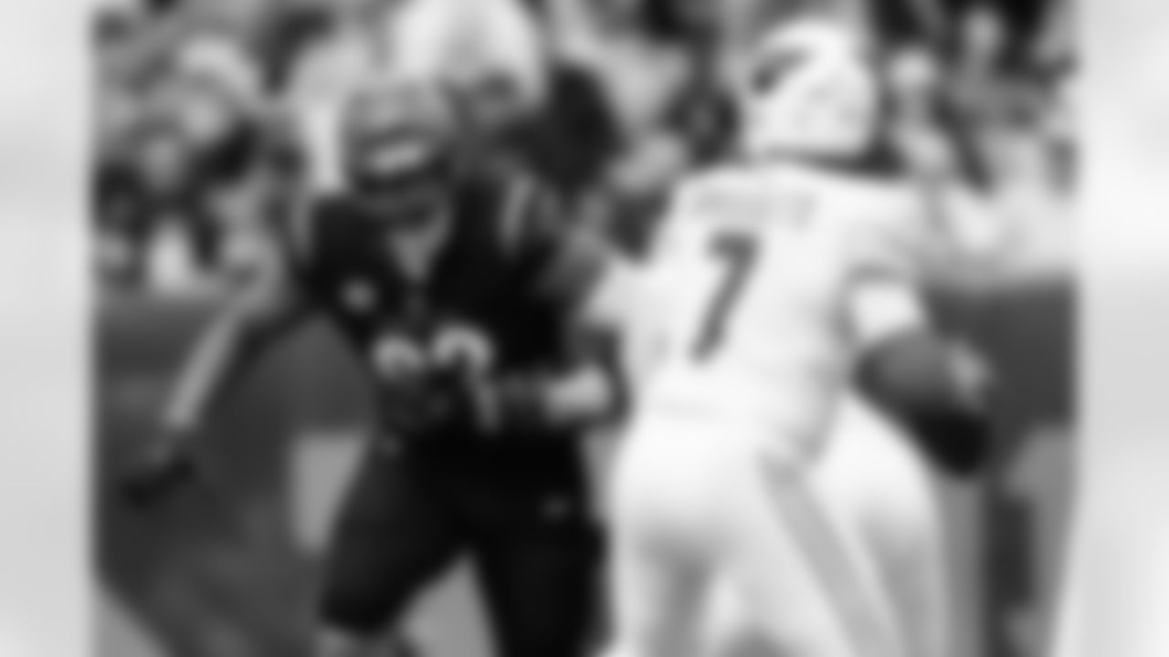 DT B.J. Hill pressures Cardinals QB Jacoby Brissett during Week 17 against the Arizona Cardinals at Paycor Stadium, Sunday, Dec. 28, 2025.