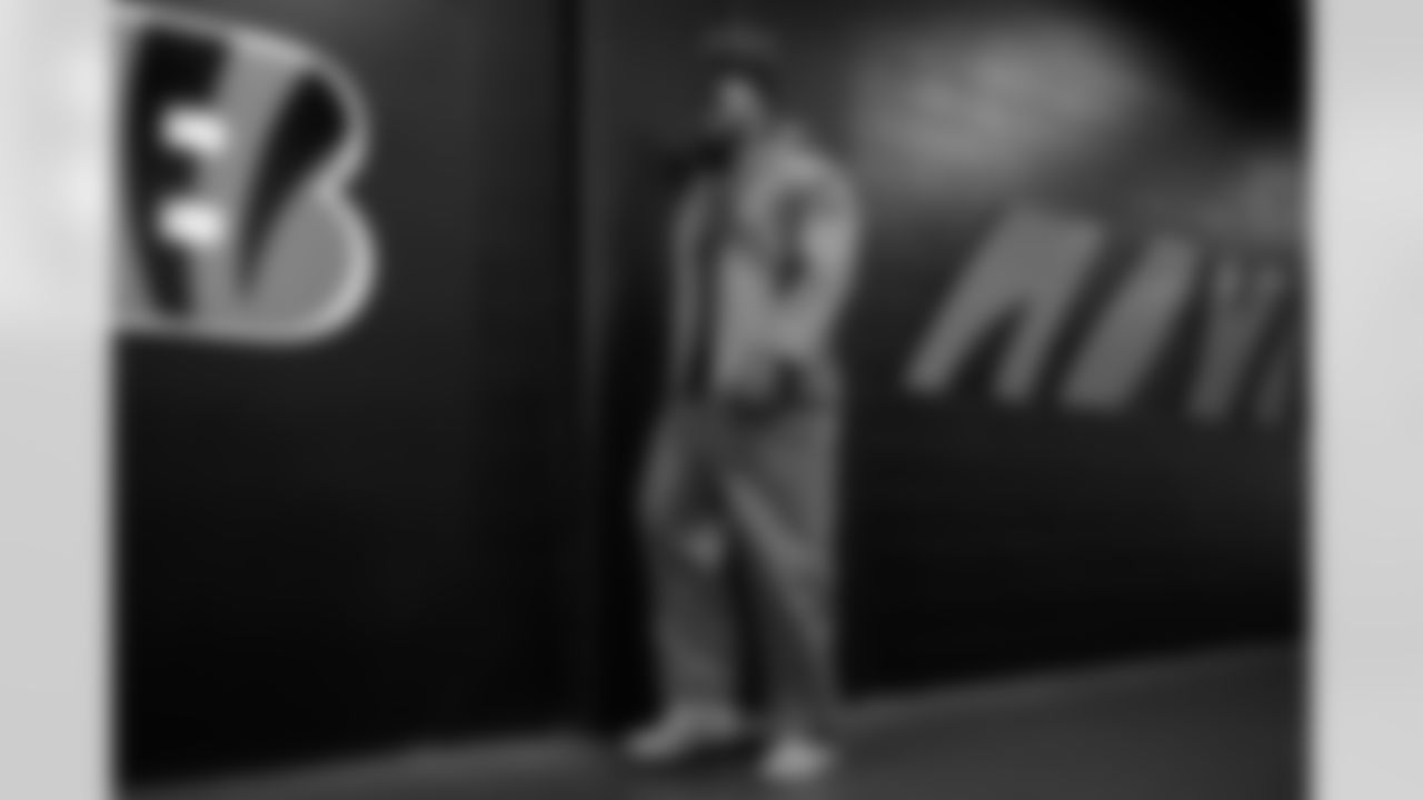 OT Amarius Mims arrives at Paycor Stadium ahead of Week 12 against the New England Patriots, Sunday, Nov. 23, 2025.