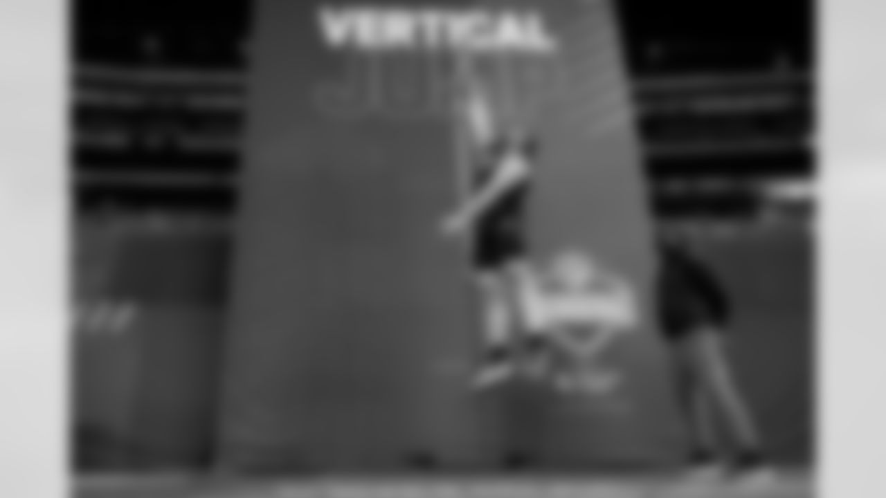 Georgia offensive lineman Dylan Fairchild participates in the vertical jump at the NFL football scouting combine in Indianapolis, Sunday, March 2, 2025. (Brooke Sutton via AP)