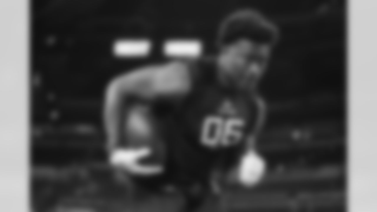 Clemson linebacker Barrett Carter runs a drill at the NFL football scouting combine in Indianapolis, Thursday, Feb. 27, 2025. (AP Photo/Michael Conroy)