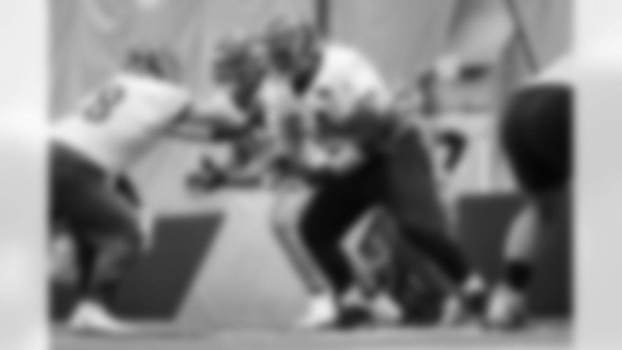 C Ted Karras during practice at the IEL Indoor Facility, Thursday, Dec. 18, 2025.