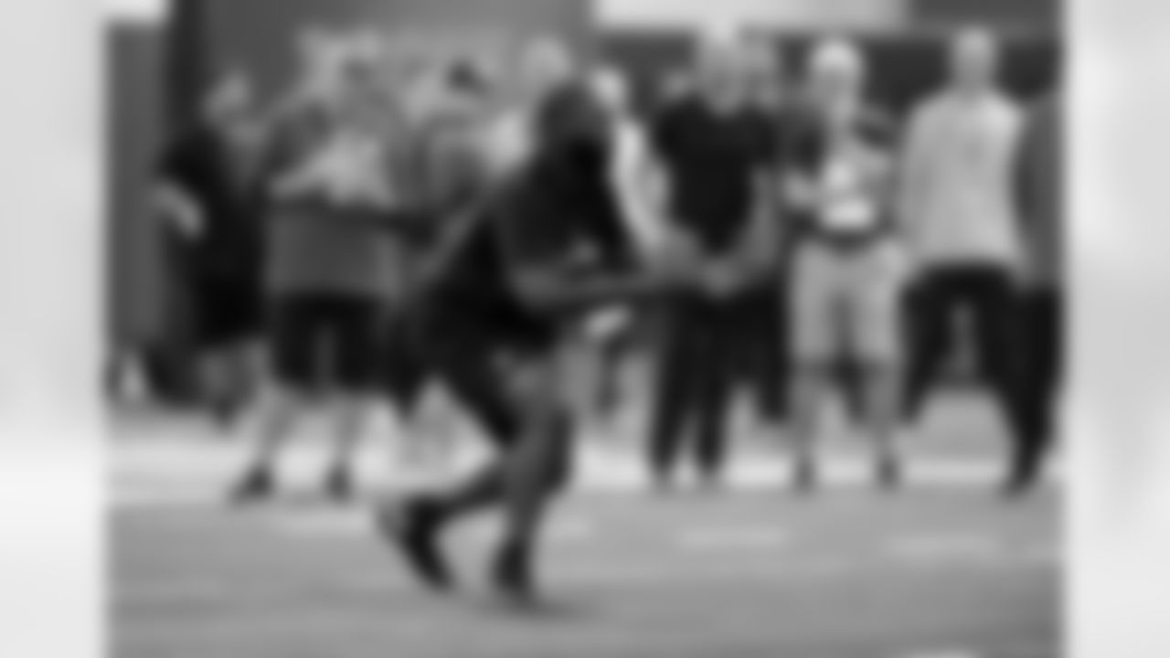Miami lineman Jalen Rivers runs a drill during the school's NFL football pro day Monday March 24, 2025. (AP Photo/Michael Laughlin)Monday, March 24, 2025, in Coral Gables, Fla. (AP Photo/Michael Laughlin)