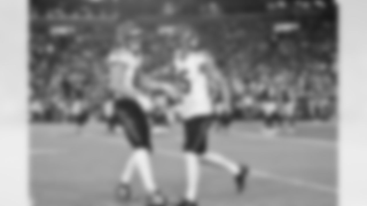 WR Charlie Jones celebrates a touchdown with TE Tanner Hudson in the Preseason Week 2 game against the Washington Commanders, Monday, Aug. 18, 2025.