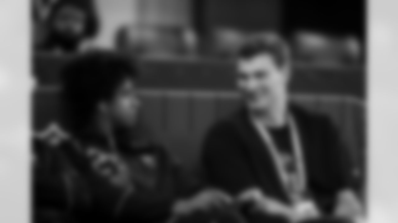 Southern California wide receiver Ja'Kobi Lane (27) and Indiana quarterback Fernando Mendoza (11) chat during the 2026 NFL Scouting Combine on Saturday, February 28, 2026 in Indianapolis, Indiana. (Cooper Neill/NFL)