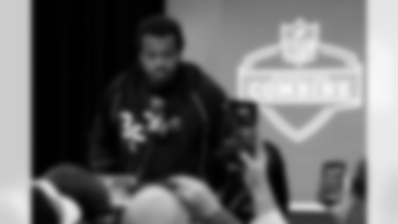 Miami defensive lineman Rueben Bain Jr. (32) speaks during a press conference at the 2026 NFL Scouting Combine on Wednesday, February 25, 2026 in Indianapolis, Indiana. (Lauren Leigh Bacho/NFL)