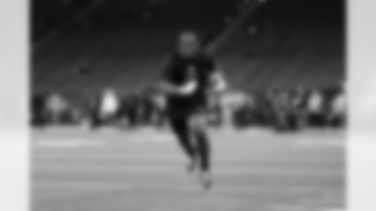 Penn State running back Kaytron Allen (01) participates in a drill during the 2026 NFL Scouting Combine on Saturday, February 28, 2026 in Indianapolis, Indiana. (Cooper Neill/NFL)