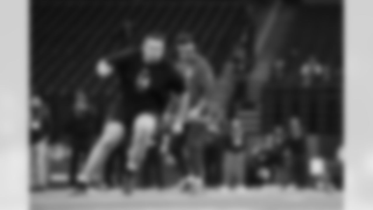 Indiana offensive lineman Pat Coogan (14) participates in a drillduring the 2026 NFL Scouting Combine on Sunday, March 1, 2026 in Indianapolis, Indiana. (Cooper Neill/NFL)