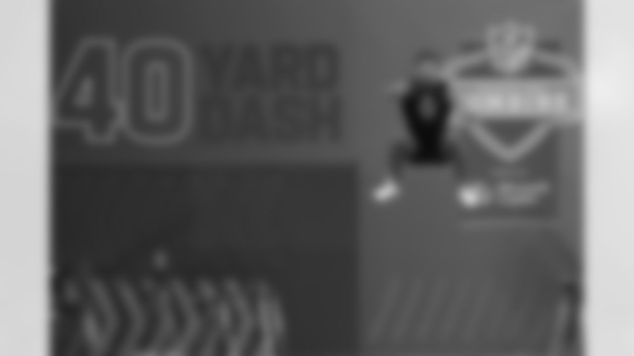 Ohio State defensive back Lorenzo Styles Jr. (50) prepares to run the 40-yard dash at the NFL football scouting combine in Indianapolis, Friday, Feb. 27, 2026. (AP Photo/Julio Cortez)