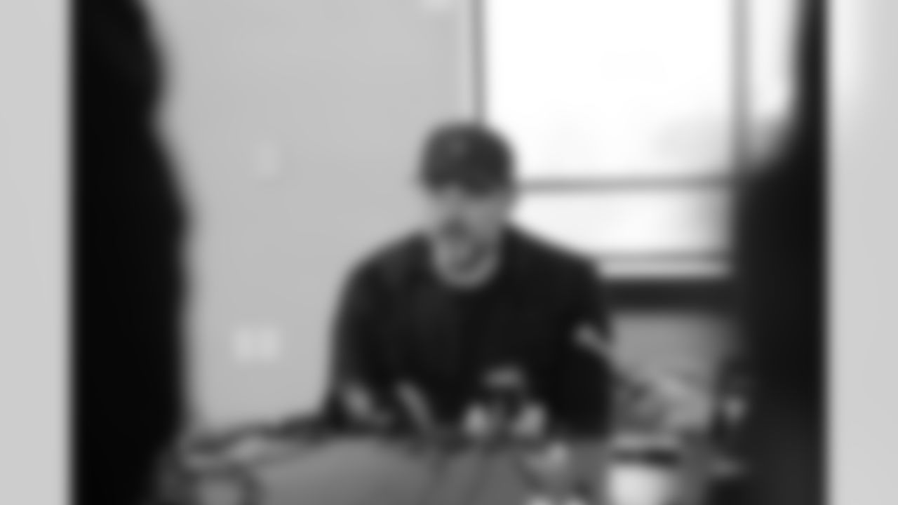 Offensive coordinator Dan Pitcher speaks to media at the 2026 NFL Combine in Indianapolis, Wednesday, Feb. 25, 2026.