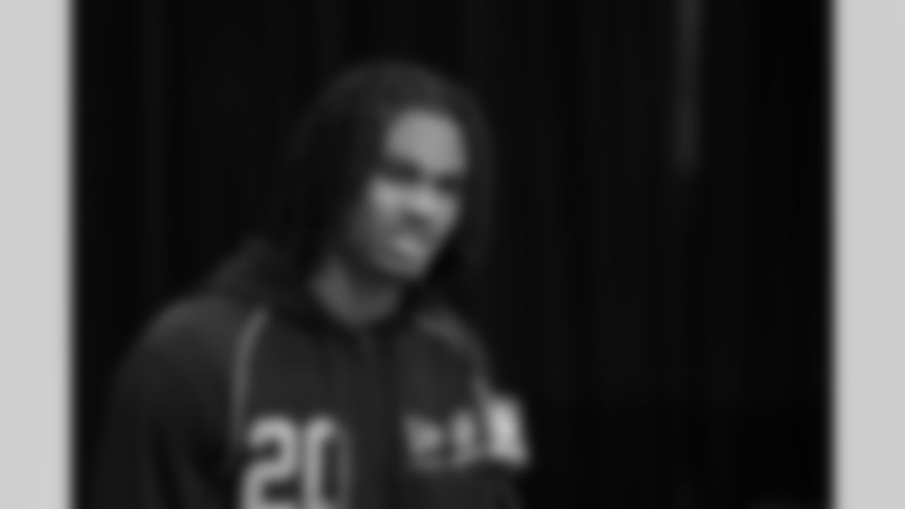 Tennessee defensive back Jermod McCoy (20) speaks during a press conference at the 2026 NFL Scouting Combine on Thursday, February 26, 2026 in Indianapolis, Indiana. (Cooper Neill/NFL)