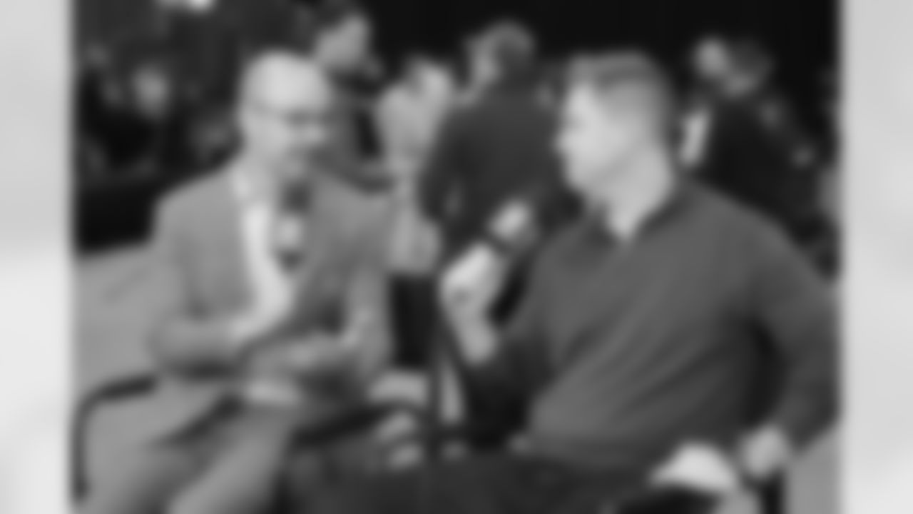 Mike Garafolo, left, interviews Cincinnati Bengals head coach Zac Taylor at the NFLN broadcast booth on Tuesday, February 24, 2026 in Indianapolis. (Gregory Payan/AP Content Services for NFL)